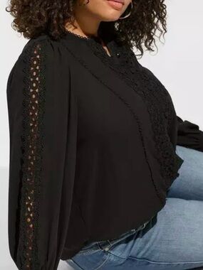 Torrid Georgette Lace Trim Button Up Blouse in Deep Black (3X)